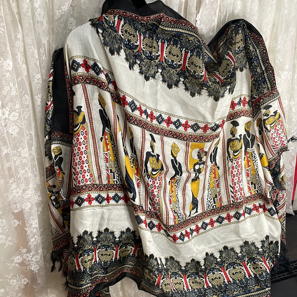 Incredible Ethnic Tribal Silk Scarf African Women White, Black, Blue & Red - Picture 4 of 9
